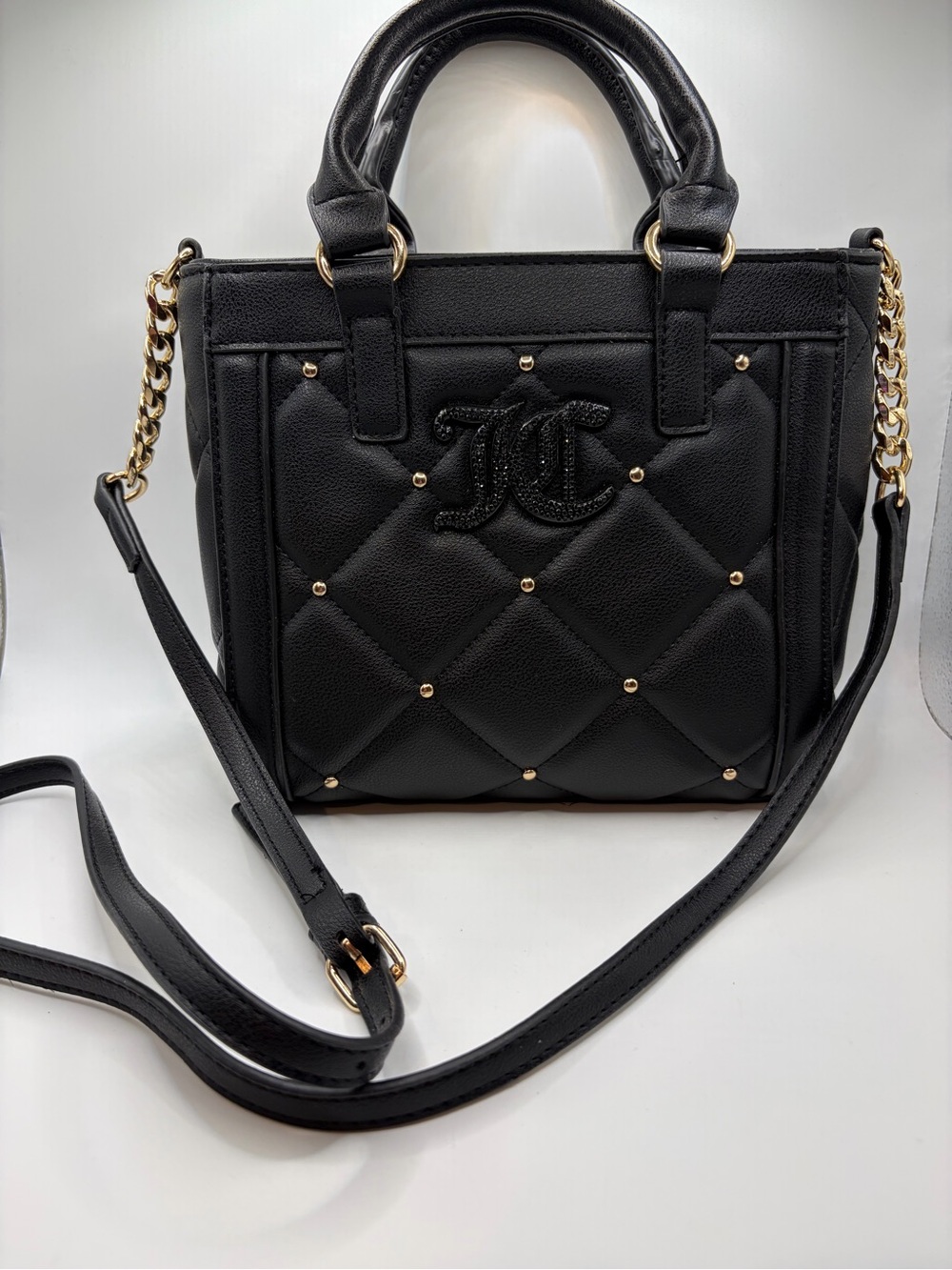Black Quilted Top-Handle Crossbody Bag with Gold Hardware